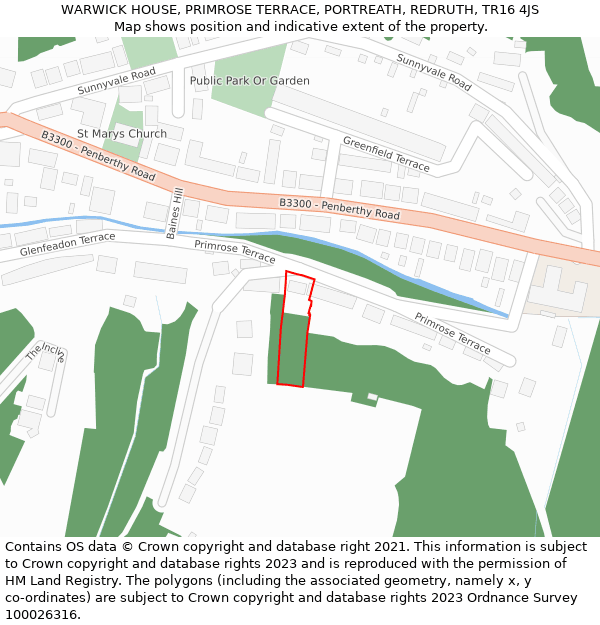 WARWICK HOUSE, PRIMROSE TERRACE, PORTREATH, REDRUTH, TR16 4JS: Location map and indicative extent of plot