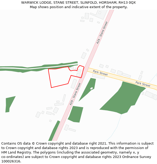 WARWICK LODGE, STANE STREET, SLINFOLD, HORSHAM, RH13 0QX: Location map and indicative extent of plot