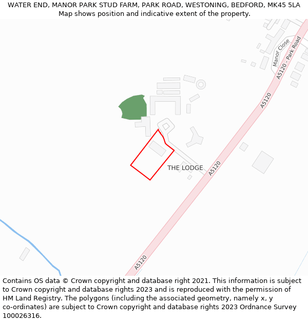WATER END, MANOR PARK STUD FARM, PARK ROAD, WESTONING, BEDFORD, MK45 5LA: Location map and indicative extent of plot