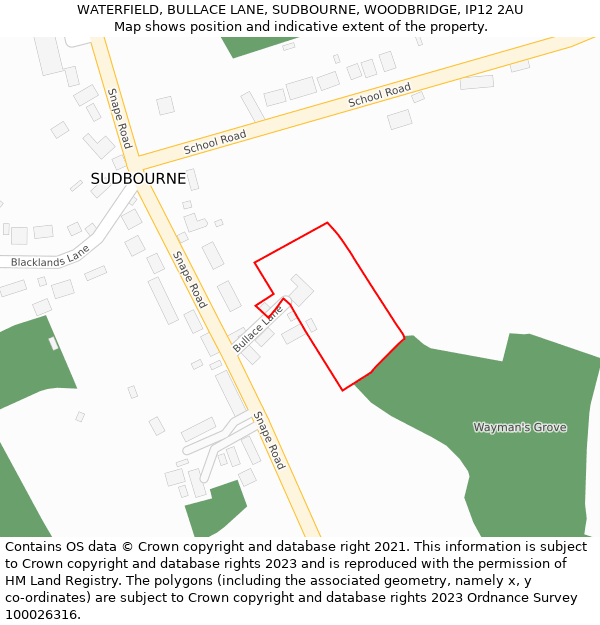 WATERFIELD, BULLACE LANE, SUDBOURNE, WOODBRIDGE, IP12 2AU: Location map and indicative extent of plot