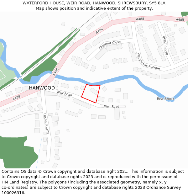 WATERFORD HOUSE, WEIR ROAD, HANWOOD, SHREWSBURY, SY5 8LA: Location map and indicative extent of plot