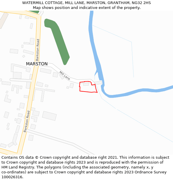 WATERMILL COTTAGE, MILL LANE, MARSTON, GRANTHAM, NG32 2HS: Location map and indicative extent of plot