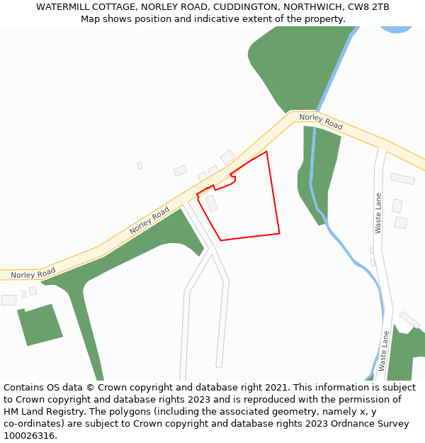 WATERMILL COTTAGE, NORLEY ROAD, CUDDINGTON, NORTHWICH, CW8 2TB: Location map and indicative extent of plot