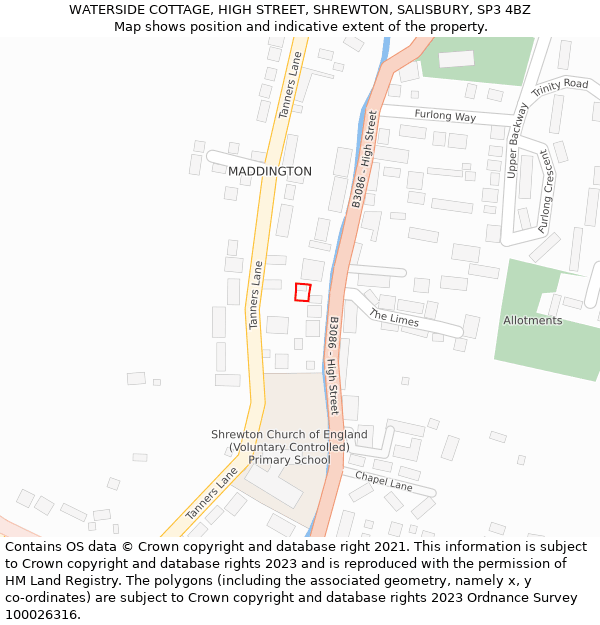 WATERSIDE COTTAGE, HIGH STREET, SHREWTON, SALISBURY, SP3 4BZ: Location map and indicative extent of plot