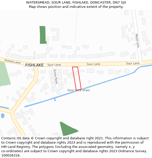 WATERSMEAD, SOUR LANE, FISHLAKE, DONCASTER, DN7 5JX: Location map and indicative extent of plot