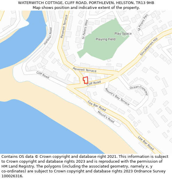 WATERWITCH COTTAGE, CLIFF ROAD, PORTHLEVEN, HELSTON, TR13 9HB: Location map and indicative extent of plot