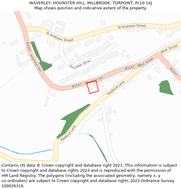 WAVERLEY, HOUNSTER HILL, MILLBROOK, TORPOINT, PL10 1AJ: Location map and indicative extent of plot