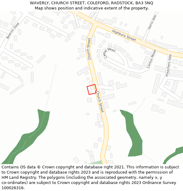 WAVERLY, CHURCH STREET, COLEFORD, RADSTOCK, BA3 5NQ: Location map and indicative extent of plot