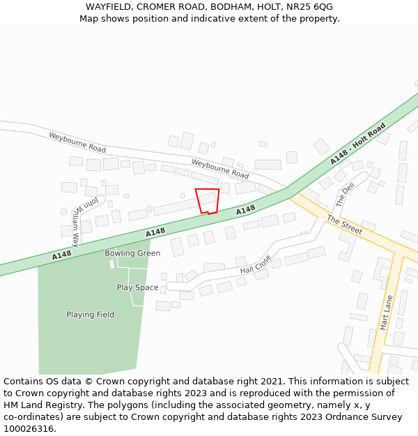 WAYFIELD, CROMER ROAD, BODHAM, HOLT, NR25 6QG: Location map and indicative extent of plot