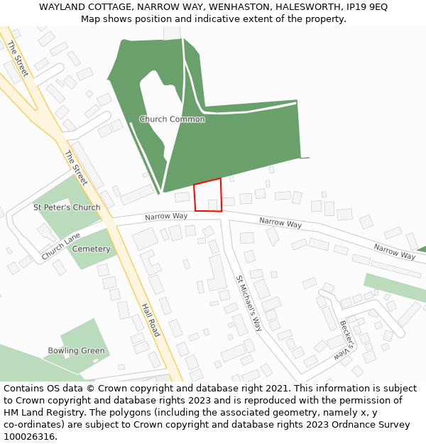 WAYLAND COTTAGE, NARROW WAY, WENHASTON, HALESWORTH, IP19 9EQ: Location map and indicative extent of plot