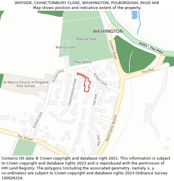 WAYSIDE, CHANCTONBURY CLOSE, WASHINGTON, PULBOROUGH, RH20 4AR: Location map and indicative extent of plot