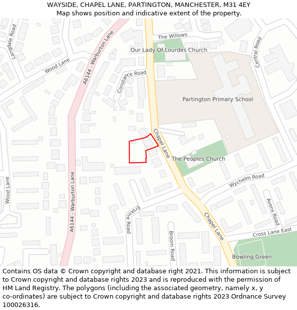WAYSIDE, CHAPEL LANE, PARTINGTON, MANCHESTER, M31 4EY: Location map and indicative extent of plot