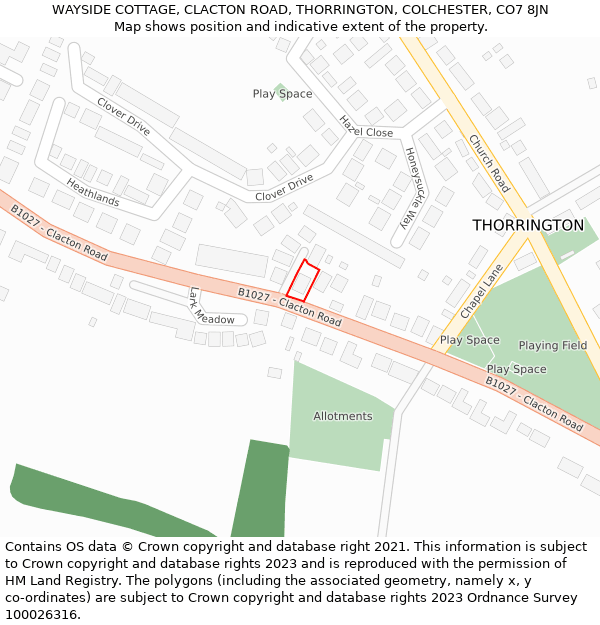 WAYSIDE COTTAGE, CLACTON ROAD, THORRINGTON, COLCHESTER, CO7 8JN: Location map and indicative extent of plot
