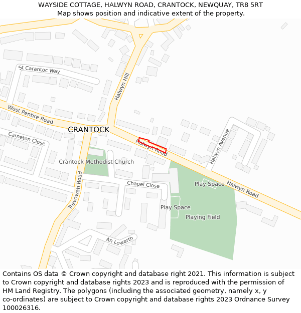 WAYSIDE COTTAGE, HALWYN ROAD, CRANTOCK, NEWQUAY, TR8 5RT: Location map and indicative extent of plot