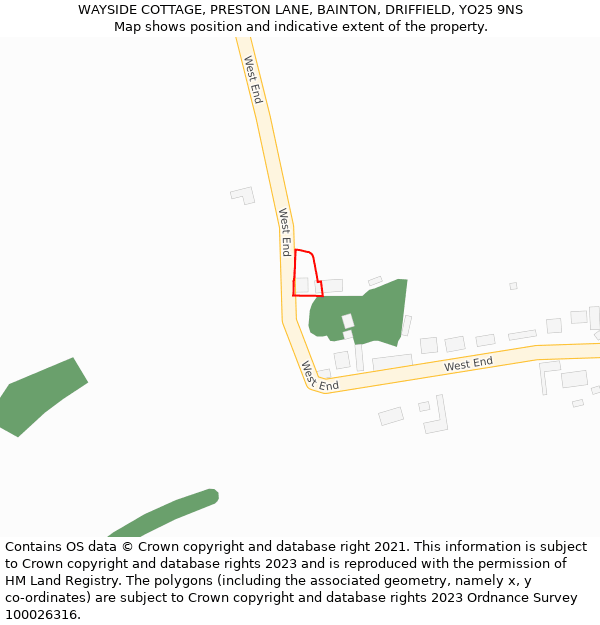 WAYSIDE COTTAGE, PRESTON LANE, BAINTON, DRIFFIELD, YO25 9NS: Location map and indicative extent of plot