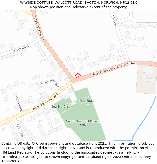 WAYSIDE COTTAGE, WALCOTT ROAD, BACTON, NORWICH, NR12 0EX: Location map and indicative extent of plot