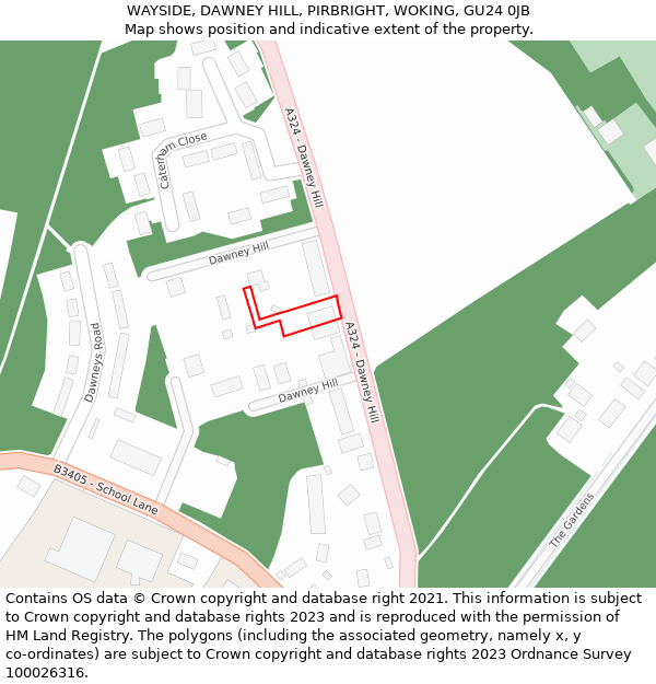 WAYSIDE, DAWNEY HILL, PIRBRIGHT, WOKING, GU24 0JB: Location map and indicative extent of plot