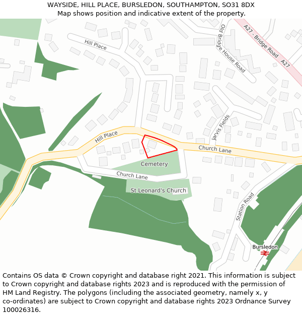 WAYSIDE, HILL PLACE, BURSLEDON, SOUTHAMPTON, SO31 8DX: Location map and indicative extent of plot