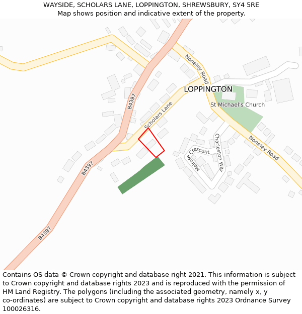 WAYSIDE, SCHOLARS LANE, LOPPINGTON, SHREWSBURY, SY4 5RE: Location map and indicative extent of plot