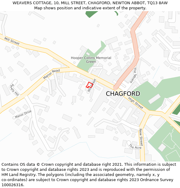 WEAVERS COTTAGE, 10, MILL STREET, CHAGFORD, NEWTON ABBOT, TQ13 8AW: Location map and indicative extent of plot