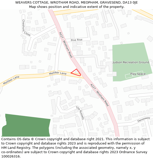 WEAVERS COTTAGE, WROTHAM ROAD, MEOPHAM, GRAVESEND, DA13 0JE: Location map and indicative extent of plot
