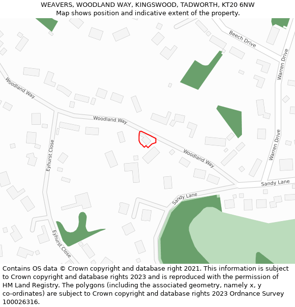 WEAVERS, WOODLAND WAY, KINGSWOOD, TADWORTH, KT20 6NW: Location map and indicative extent of plot