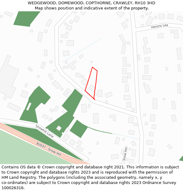 WEDGEWOOD, DOMEWOOD, COPTHORNE, CRAWLEY, RH10 3HD: Location map and indicative extent of plot