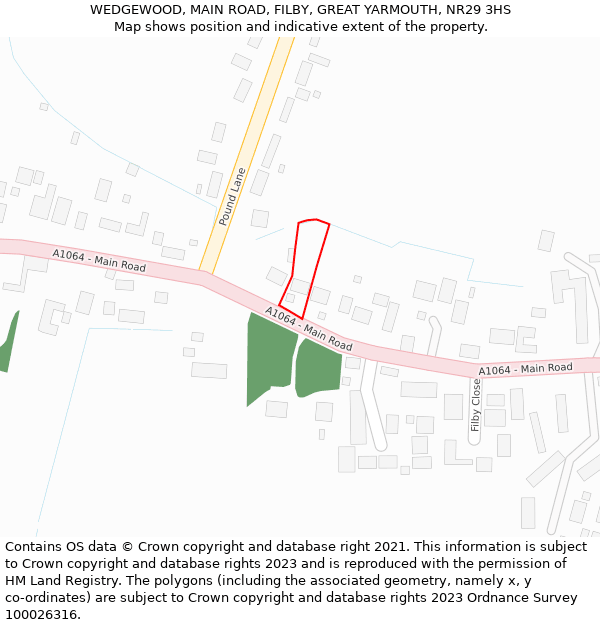 WEDGEWOOD, MAIN ROAD, FILBY, GREAT YARMOUTH, NR29 3HS: Location map and indicative extent of plot