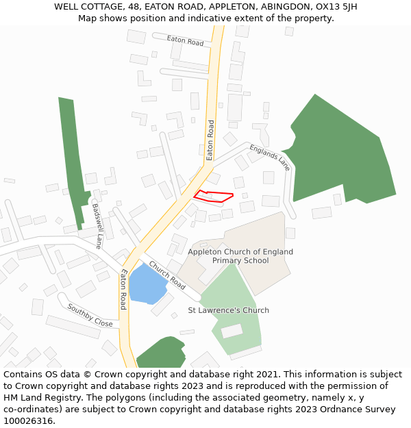 WELL COTTAGE, 48, EATON ROAD, APPLETON, ABINGDON, OX13 5JH: Location map and indicative extent of plot