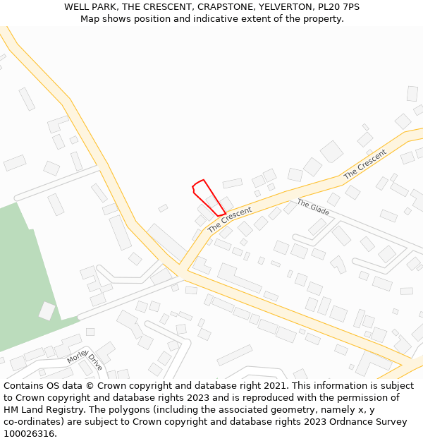 WELL PARK, THE CRESCENT, CRAPSTONE, YELVERTON, PL20 7PS: Location map and indicative extent of plot