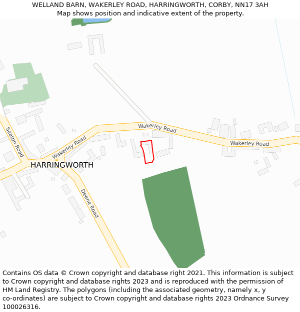 WELLAND BARN, WAKERLEY ROAD, HARRINGWORTH, CORBY, NN17 3AH: Location map and indicative extent of plot