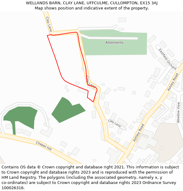 WELLANDS BARN, CLAY LANE, UFFCULME, CULLOMPTON, EX15 3AJ: Location map and indicative extent of plot