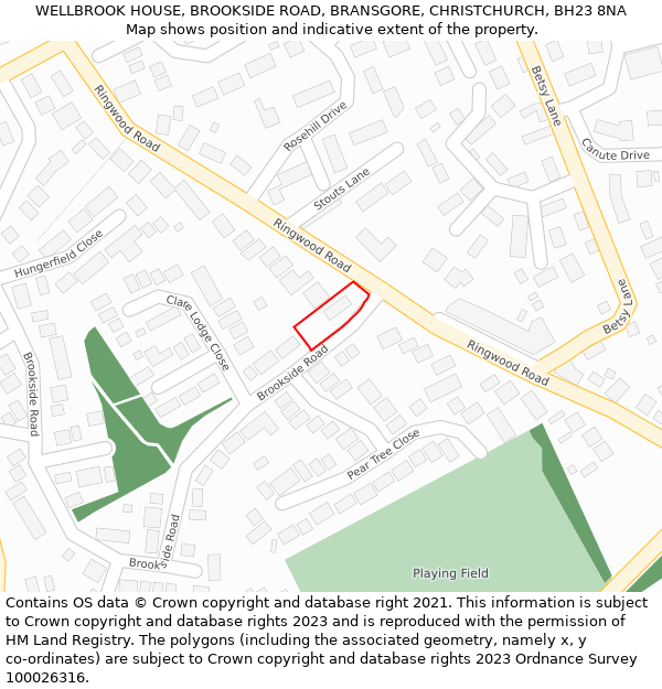 WELLBROOK HOUSE, BROOKSIDE ROAD, BRANSGORE, CHRISTCHURCH, BH23 8NA: Location map and indicative extent of plot
