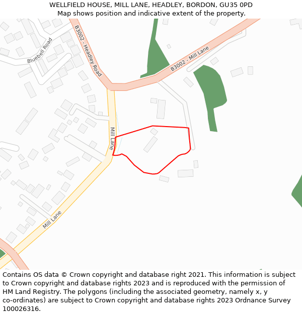 WELLFIELD HOUSE, MILL LANE, HEADLEY, BORDON, GU35 0PD: Location map and indicative extent of plot