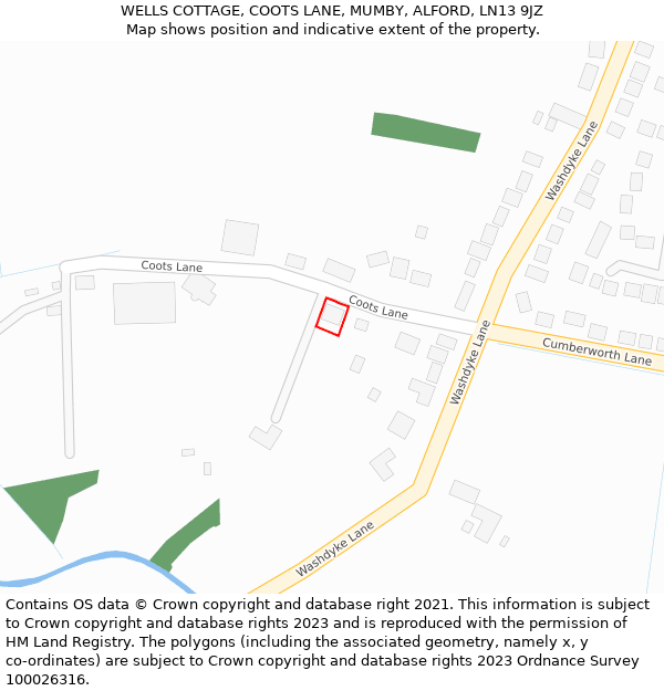 WELLS COTTAGE, COOTS LANE, MUMBY, ALFORD, LN13 9JZ: Location map and indicative extent of plot