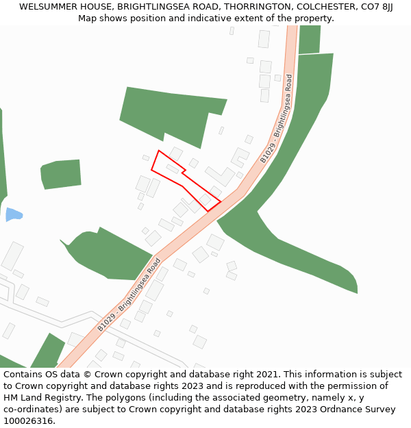 WELSUMMER HOUSE, BRIGHTLINGSEA ROAD, THORRINGTON, COLCHESTER, CO7 8JJ: Location map and indicative extent of plot
