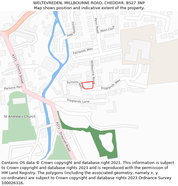 WELTEVREDEN, MILLBOURNE ROAD, CHEDDAR, BS27 3NP: Location map and indicative extent of plot