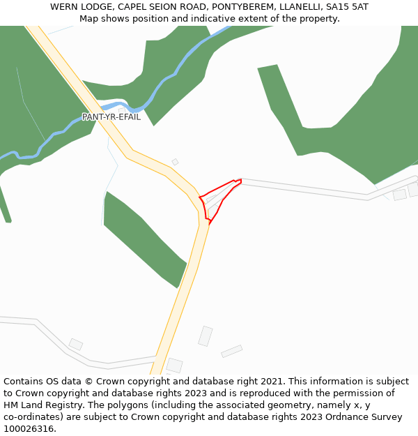 WERN LODGE, CAPEL SEION ROAD, PONTYBEREM, LLANELLI, SA15 5AT: Location map and indicative extent of plot