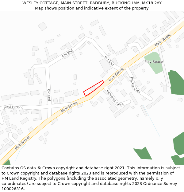WESLEY COTTAGE, MAIN STREET, PADBURY, BUCKINGHAM, MK18 2AY: Location map and indicative extent of plot