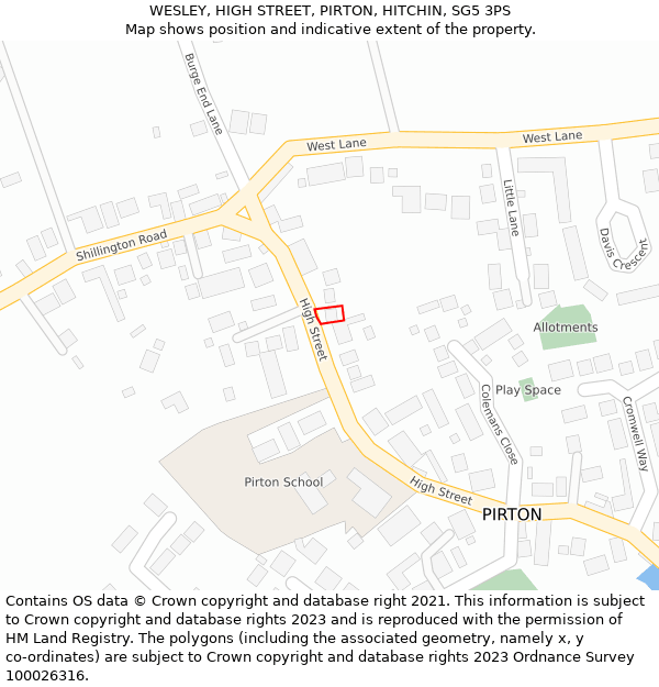 WESLEY, HIGH STREET, PIRTON, HITCHIN, SG5 3PS: Location map and indicative extent of plot