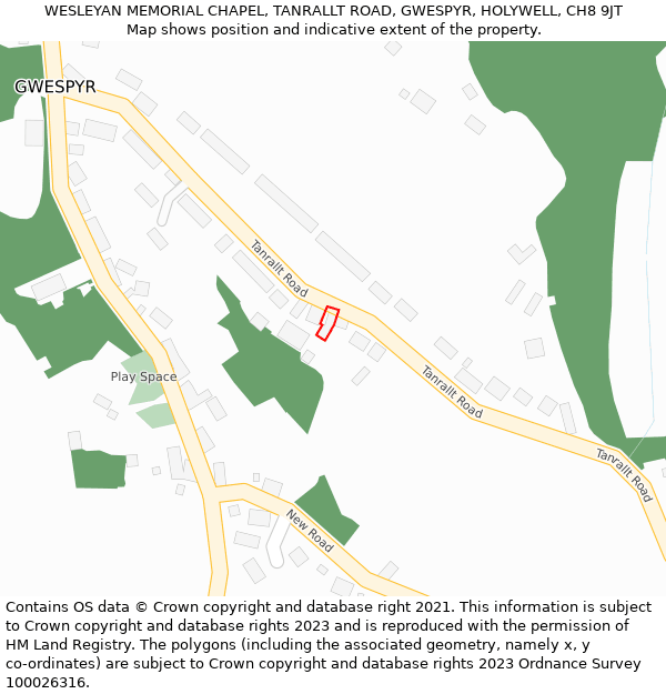 WESLEYAN MEMORIAL CHAPEL, TANRALLT ROAD, GWESPYR, HOLYWELL, CH8 9JT: Location map and indicative extent of plot