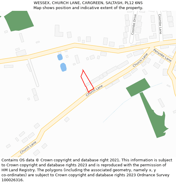 WESSEX, CHURCH LANE, CARGREEN, SALTASH, PL12 6NS: Location map and indicative extent of plot
