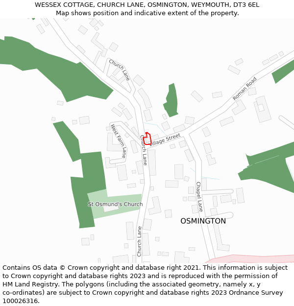 WESSEX COTTAGE, CHURCH LANE, OSMINGTON, WEYMOUTH, DT3 6EL: Location map and indicative extent of plot