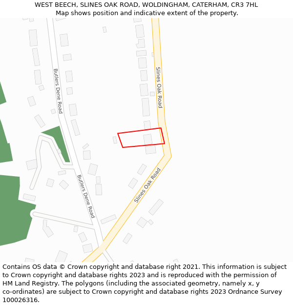 WEST BEECH, SLINES OAK ROAD, WOLDINGHAM, CATERHAM, CR3 7HL: Location map and indicative extent of plot