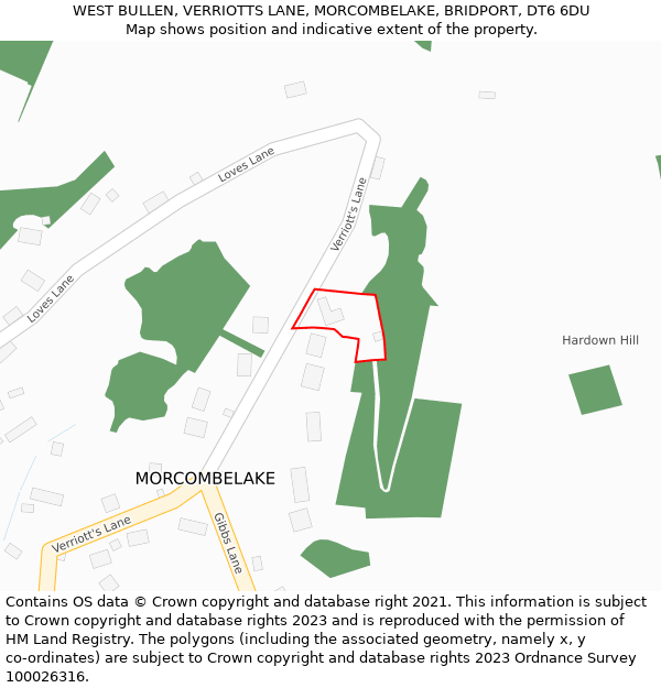 WEST BULLEN, VERRIOTTS LANE, MORCOMBELAKE, BRIDPORT, DT6 6DU: Location map and indicative extent of plot