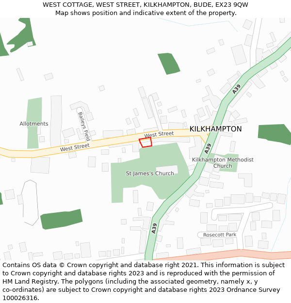 WEST COTTAGE, WEST STREET, KILKHAMPTON, BUDE, EX23 9QW: Location map and indicative extent of plot