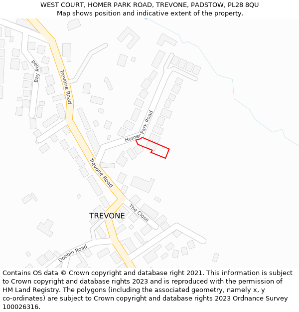 WEST COURT, HOMER PARK ROAD, TREVONE, PADSTOW, PL28 8QU: Location map and indicative extent of plot