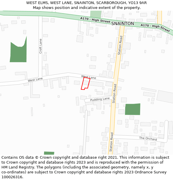 WEST ELMS, WEST LANE, SNAINTON, SCARBOROUGH, YO13 9AR: Location map and indicative extent of plot