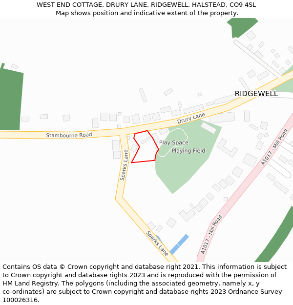 WEST END COTTAGE, DRURY LANE, RIDGEWELL, HALSTEAD, CO9 4SL: Location map and indicative extent of plot