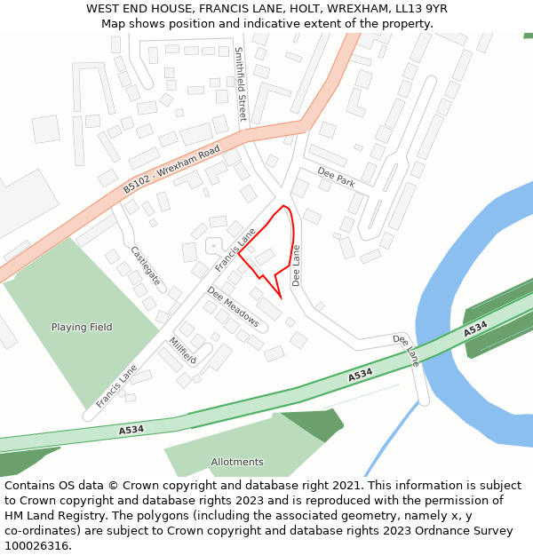 WEST END HOUSE, FRANCIS LANE, HOLT, WREXHAM, LL13 9YR: Location map and indicative extent of plot